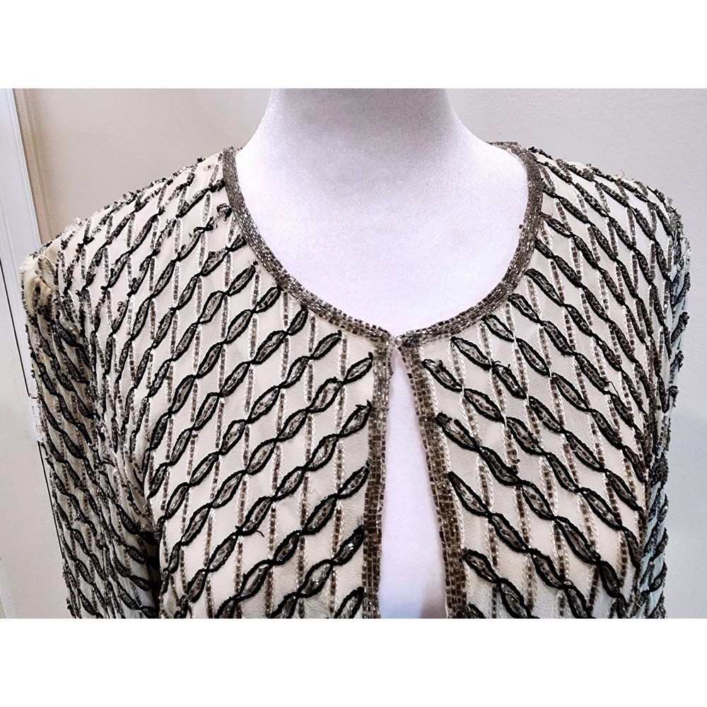 Vintage Adrianna Papell Evening Silk Beaded Bolero Jacket Black Silver Large